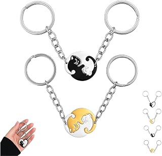 [Mundex] 猫 ペアキーホルダー カップル お揃い キーホルダー 可愛い ハート型 丸型 選べる キーリング ニコイチ プレゼント 記念日 誕生日 バレンタイン ギフト 彼氏 彼女 友達 ステンレス製 錆びない 軽量