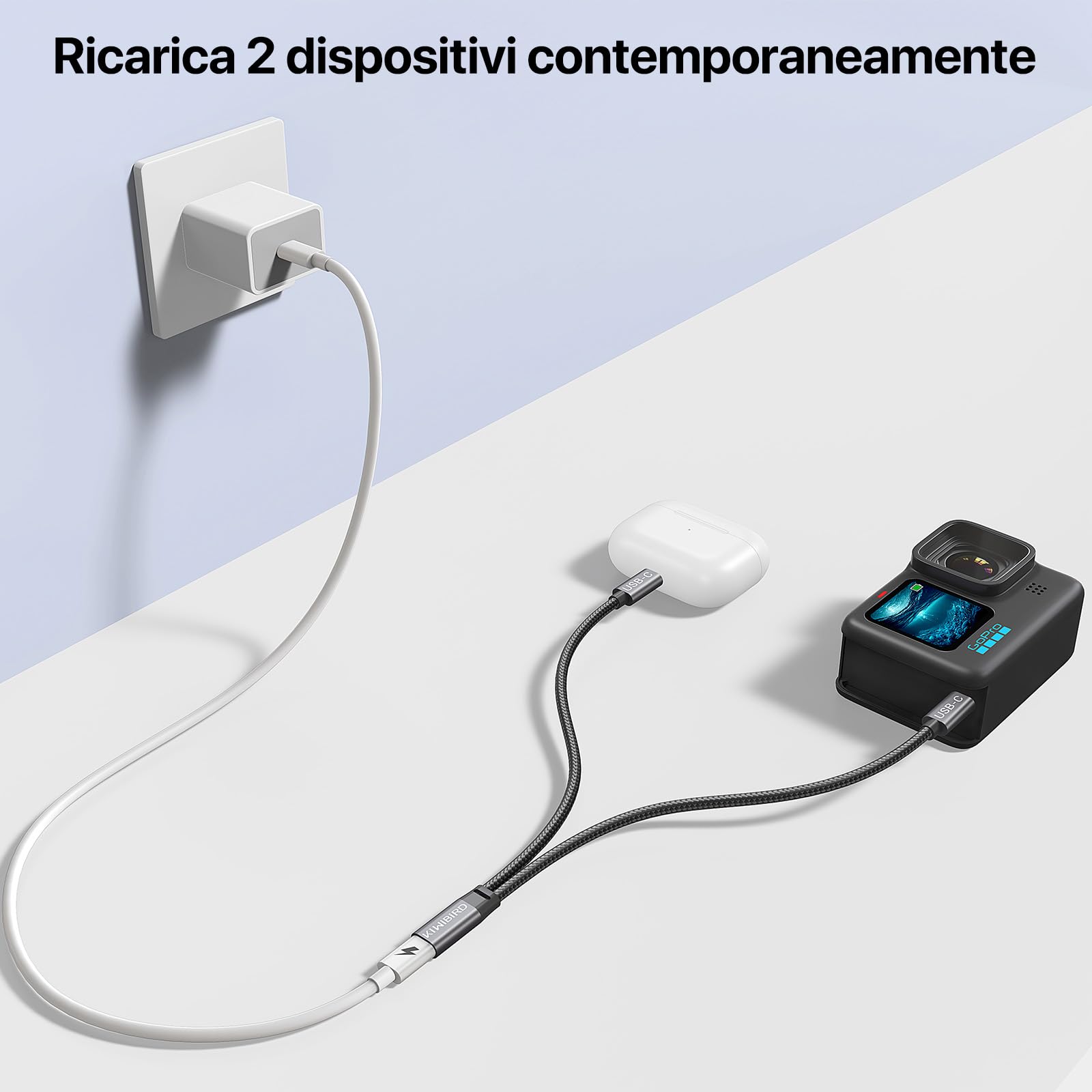 KiWiBiRD Sdoppiatore USB C 1 a 2, adattatore Tipo C maschio doppio cavo, solo ricarica, compatibile con iPhone 17 Air Pro Max 16 15 Plus Pro Max iPad Air Galaxy S25 S24 smartphone Android power bank