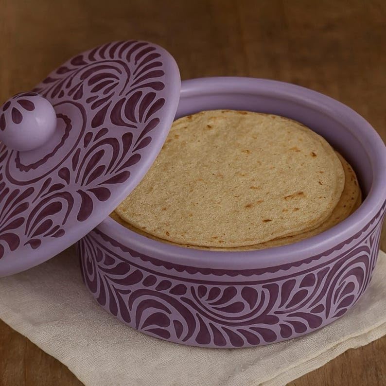 Handmade Mexican Talavera Tortilla Warmer: Violet & Purple
