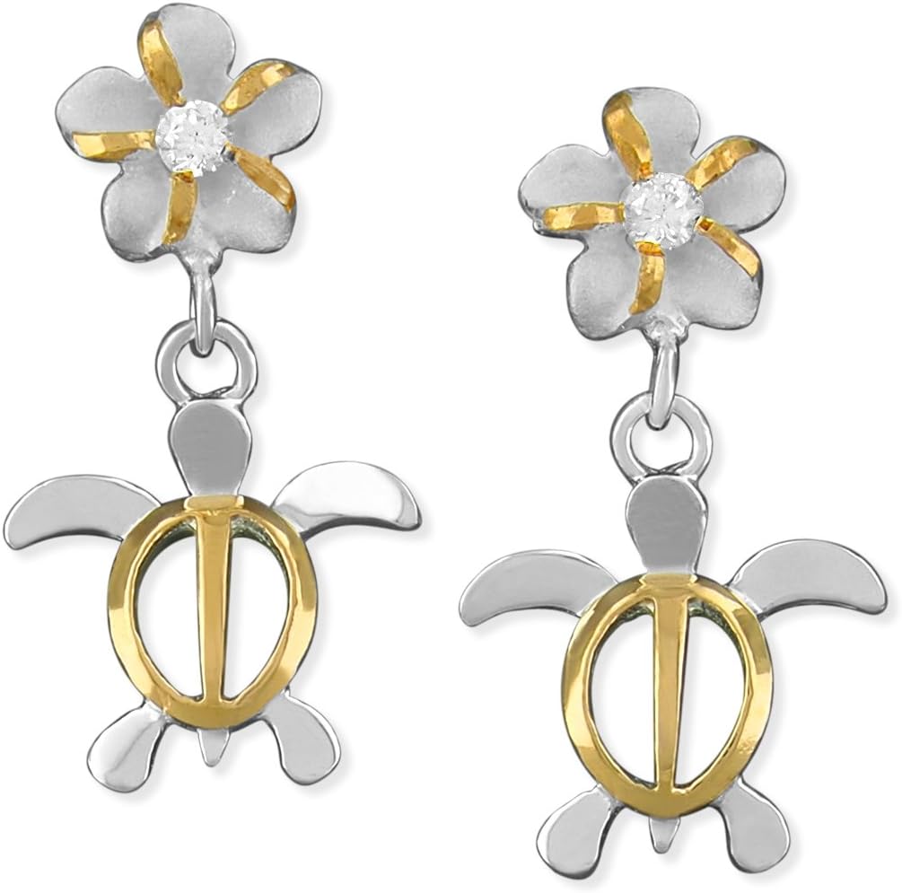 Sterling Silver Small Turtle and Plumeria Dangle Earrings