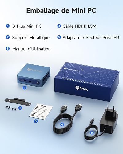 BMAX B1Plus Mini PC Win 11, Intel Celeron J3355(jusqu'à 2,5 GHz) 6 Go LPDDR3 RAM 128 Go eMMC SSD, Mini Ordinateur de Bureau Double écran, WiFi 5, BT5.0, Tour PC pour l'école/Bureau - 9