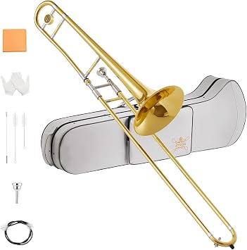 STRICH Bb Tenor Slide Trombone Student Beginner Brass Trombone Kit with 7C Mouthpiece White Gloves Cleaning Kit Hard Performance Case, STB-130G, Gold