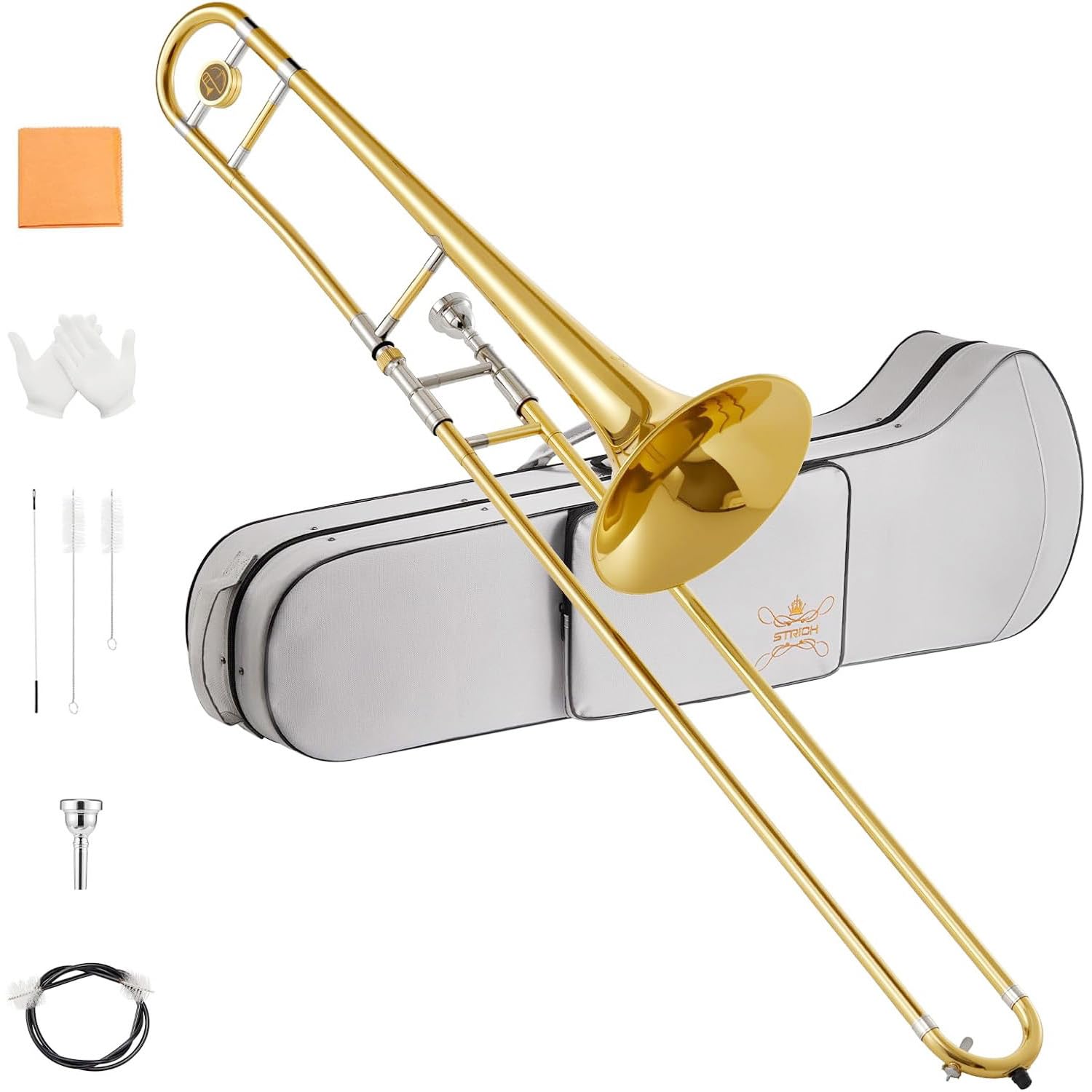 STRICH Bb Tenor Slide Trombone Student Beginner Brass Trombone Kit with 7C Mouthpiece White Gloves Cleaning Kit Hard Performance Case, STB-130G, Gold