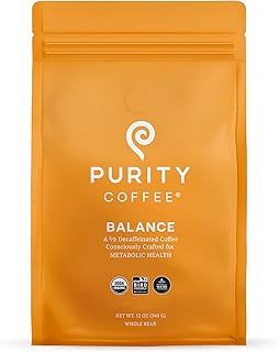 Purity Coffee BALANCE 2/3 Decaf Medium Roast Whole Bean Coffee (12oz Bag) - Specialty-Grade Mountain Water Processed Decaf + Regular Arabica Blend- USDA Certified Organic Decaffeinated - Third Party Tested for Mold, Mycotoxins, Pesticide Residue