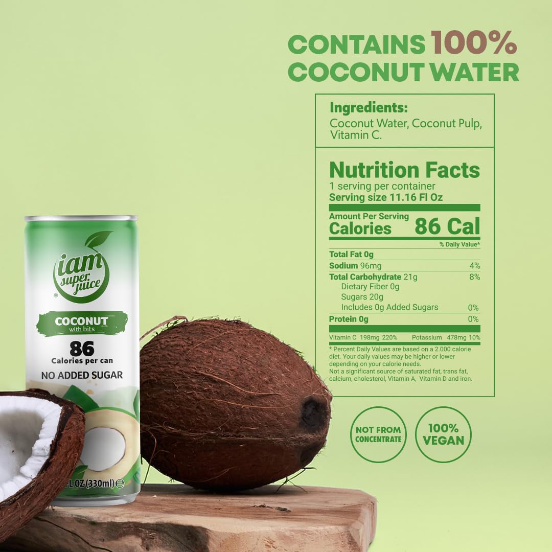 I am Superjuice 100% Coconut Water (With Bits) - Natural Fruit Juice Drink - No Added Sugar or Sweetener - Low in calories (86 per can) - No Preservatives - No concentrate - Naturally Sweet - 12 Pack x 11.16 FL OZ