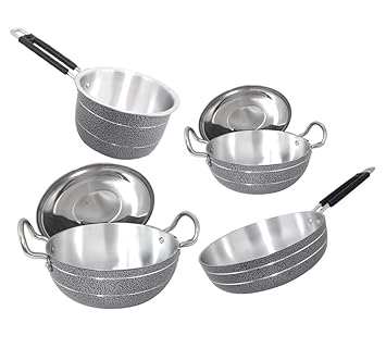 Bartan Hub Kadhai Saucepan and Fry pan Set with lid (kadhai 4000ml, kadhai 2500ml, Saucepan 1500ml, frypan 23cm , Dishwasher Safe ) Cookware Set (Aluminium, 4 - Piece)