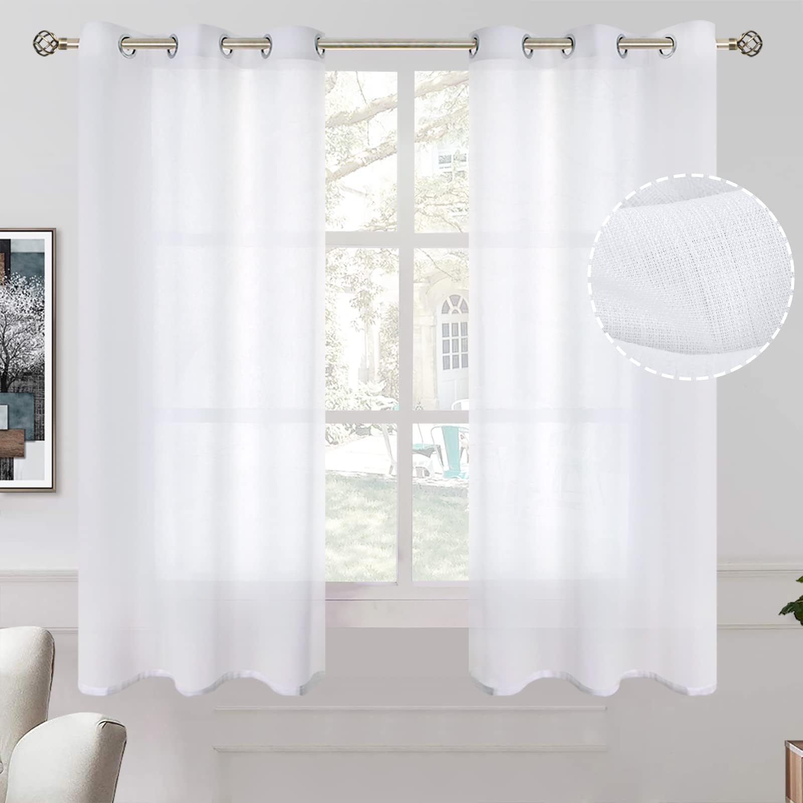 BGment Linen Look Semi Sheer Curtains for Bedroom, Grommet Light Filtering Casual Textured Privacy Curtains for Living Room, 2 Panels (Each 42 x 63 Inch, White)