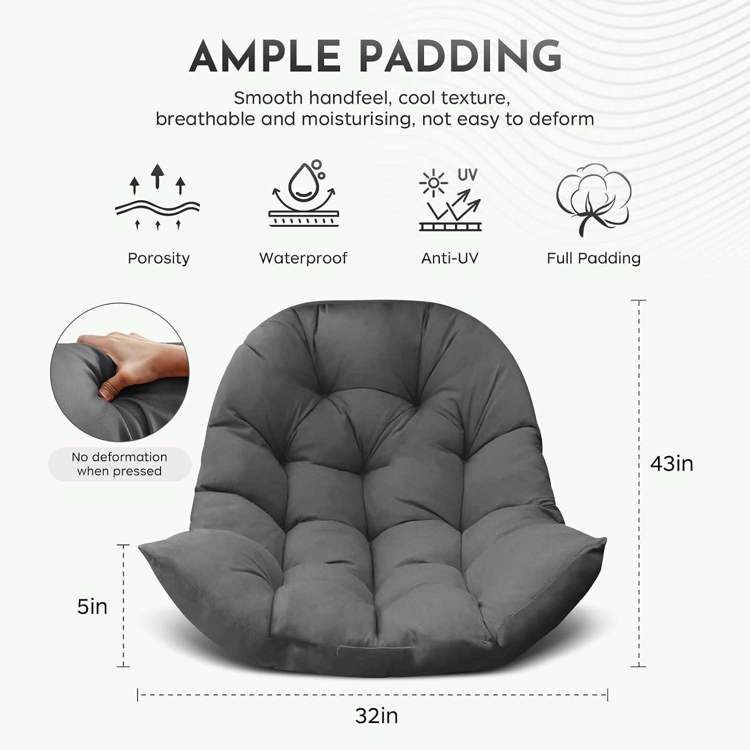Egg Chair Cushions for Outdoor Furniture, Waterproof Egg Chair Cushion Replacement for Hanging Chairs, U-Shape Swing Chair Cuhsion 32x43 Inches (Grey)