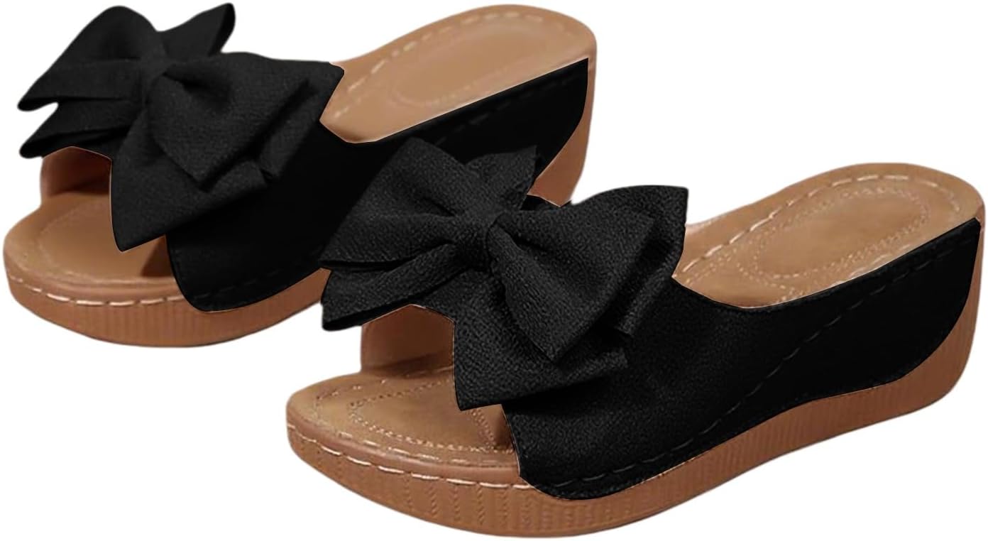Wedge Platform Sandals for Women Summer Dress Low Heels Open Toe Slides Sandals Cute Bow Comfortable Slip On Shoes for Ladies Beach Vacation Flip Flops