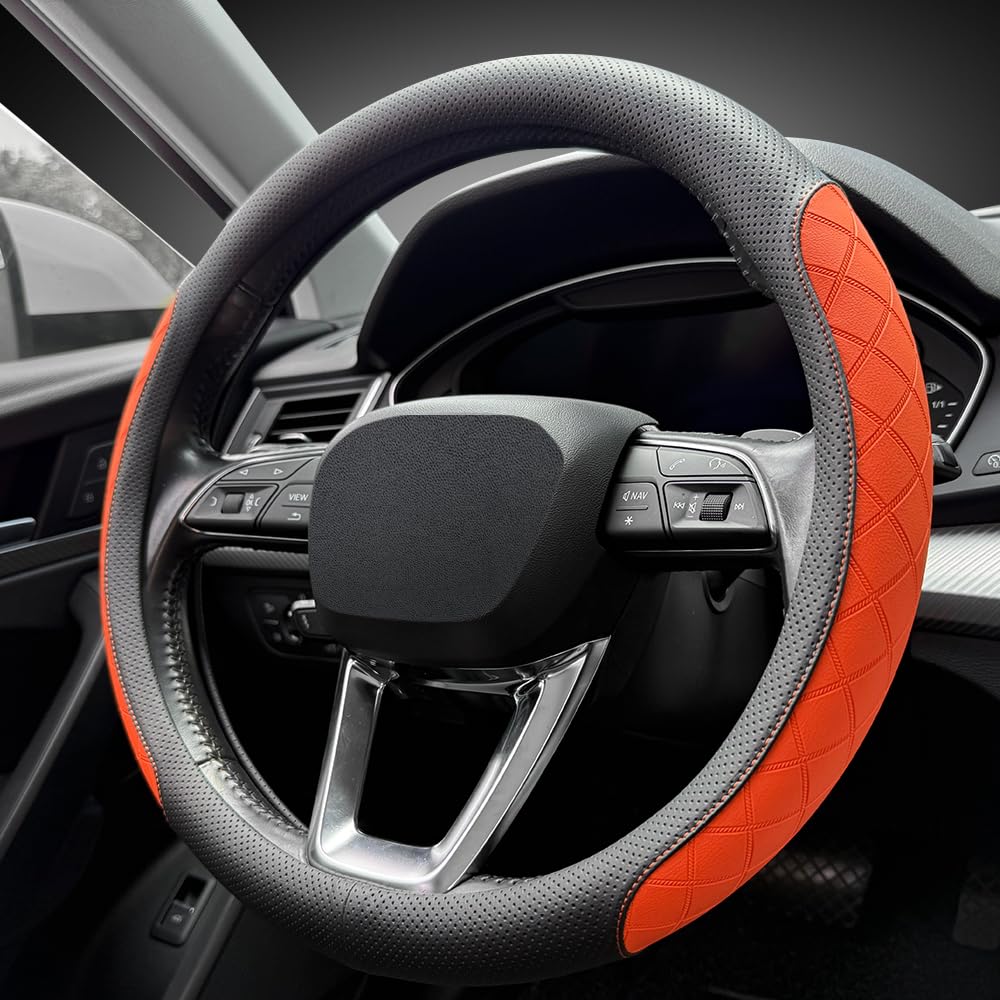 LKWLIKEI Nappa Leather Steering Wheel Cover, Diamond Checkered Design, Non-Slip wear-Resistant, Enhance Driving Comfort, Suitable for Steering Wheel