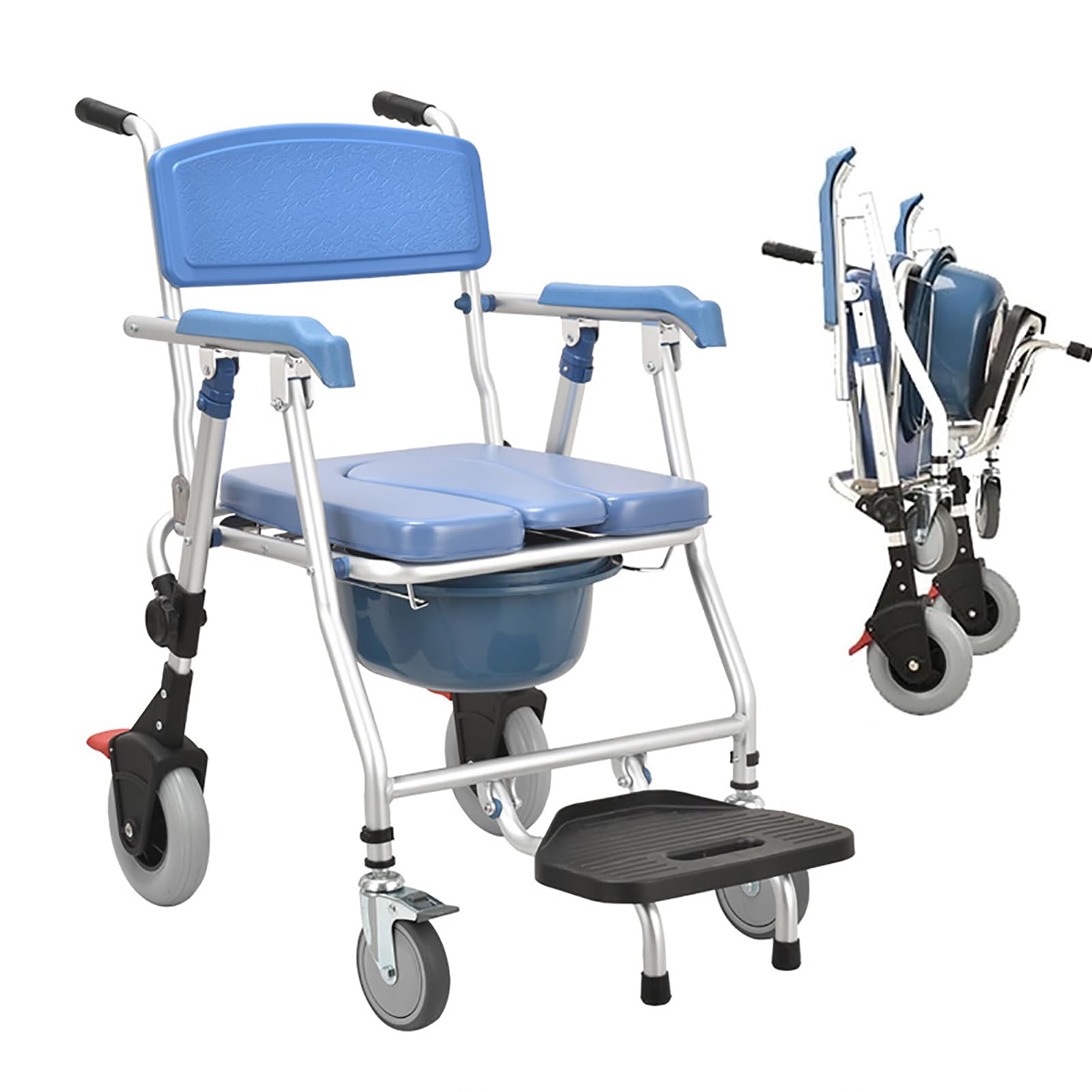 Silla de inodoro plegable portátil 3 en 1, silla de ruedas, cama plegable con bandeja y 4 ruedas con bloqueo(B)