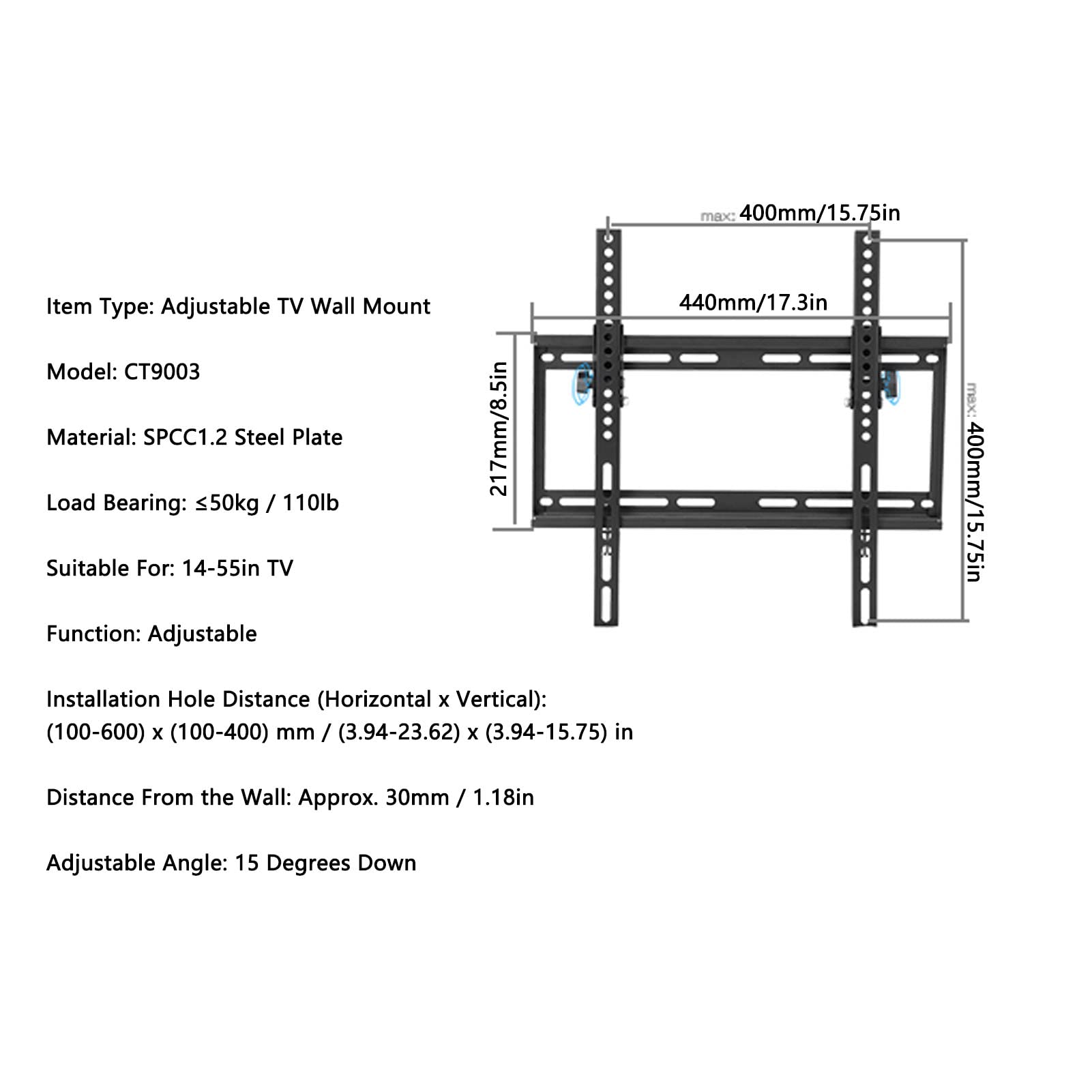 Supporto a parete regolabile per TV CT9003, staffa ultra sottile con capacità di carico di 110 libbre e VESA 600x400 mm, adatta a TV da 14 a 55 pollici, inclinazione fino a 15° per