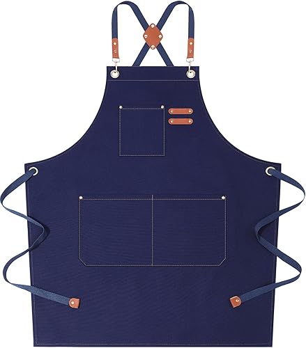 AFUN Delantales de chef para mujeres y hombres con bolsillos grandes, delantal de trabajo repelente al agua de lona de algodón, talla M a XXL (azul