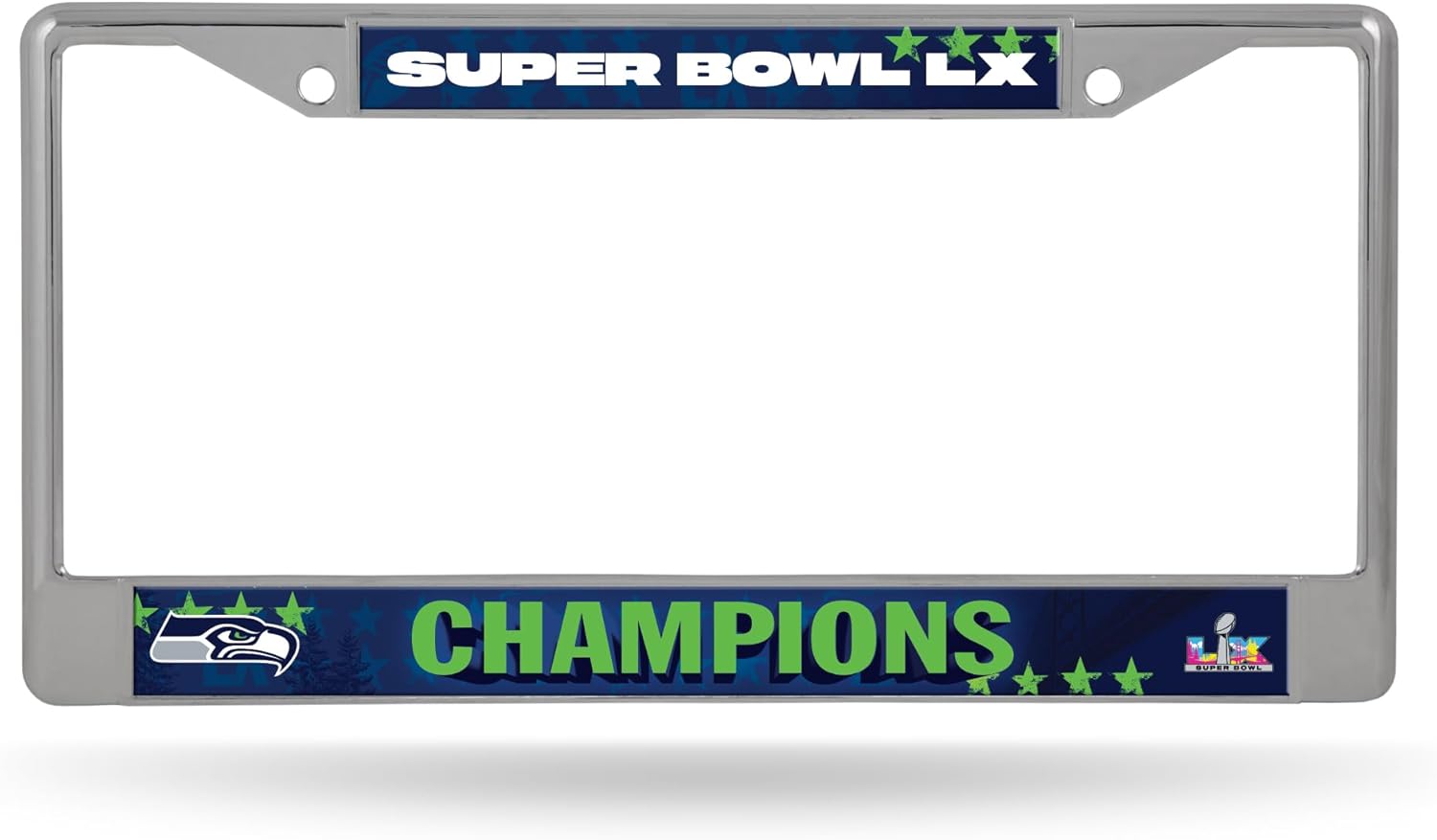 Rico Industries NFL Football Seattle Seahawks 2026 Super Bowl LX Champions 12" x 6" Chrome Frame with Decal Inserts - Car/Truck/SUV Automobile Accessory