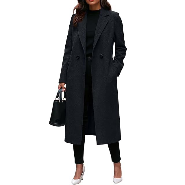 Womens Wool Blend Pea Coat Notch Lapel Double Breasted Trench Coat Elegant Open Front Long Jacket Fall Outfits