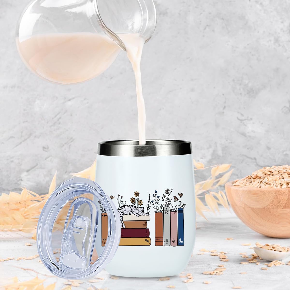 Cute 12 oz Tumbler, Wine Tumbler Insulated Wine Glass with Lid, Book Lovers Gifts, Book Floral Decor Bookish Cat Gifts for Cat Lovers Women Men Readers Librarian Bookworm Friendship Christmas Birthday - Image 6