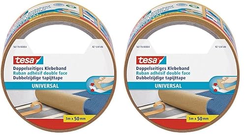 tesa Doppelseitiges Klebeband Universal - Vielseitiges Klebeband für Verpackungen, Deko und Teppiche oder zum Basteln - 5 m x 50 mm (Packung mit 2)