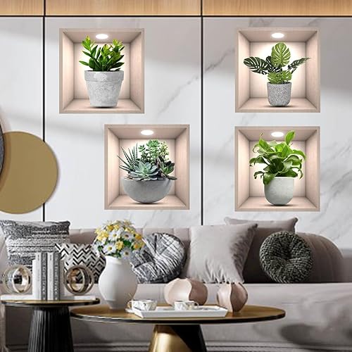 Miniatura 4 de Calcomanías creativas 3D de pared de plantas verdes, calcomanías de pared creativas para bricolaje, despegar y pegar, calcomanías adhesivas de pared