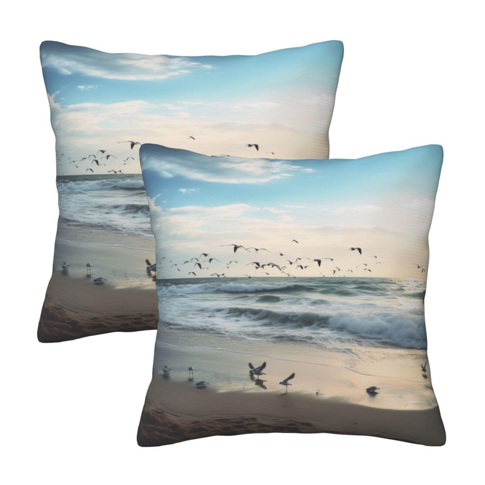 The Beach with Sea Birds Throw Pillow Cases 2 Pack Square Pillowcases Soft Pillow Protectors for Couch Livingroom Sofa Bed Office Car,50x50 CM