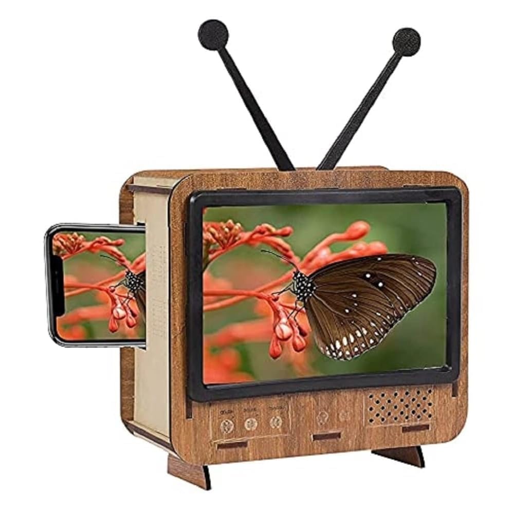 Retro Wooden TV Style Mobile Screen Magnifier Stand, Smartphone Display Amplifier with Vintage Television Design, Hands Free Desk Stand for Comfortable Viewing (Brown)