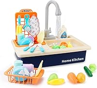 BOBXIN Kids Play Sink with Running Water & Upgraded Electric Faucet - Pretend Kitchen Toy Set with Dishes for Toddlers Boys Girls