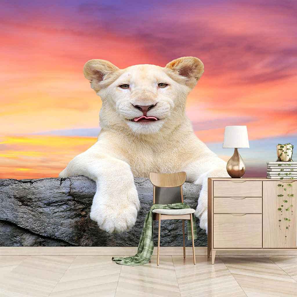 Papier peint 3D lion coucher de soleil pour créer un fond de meuble TV unique