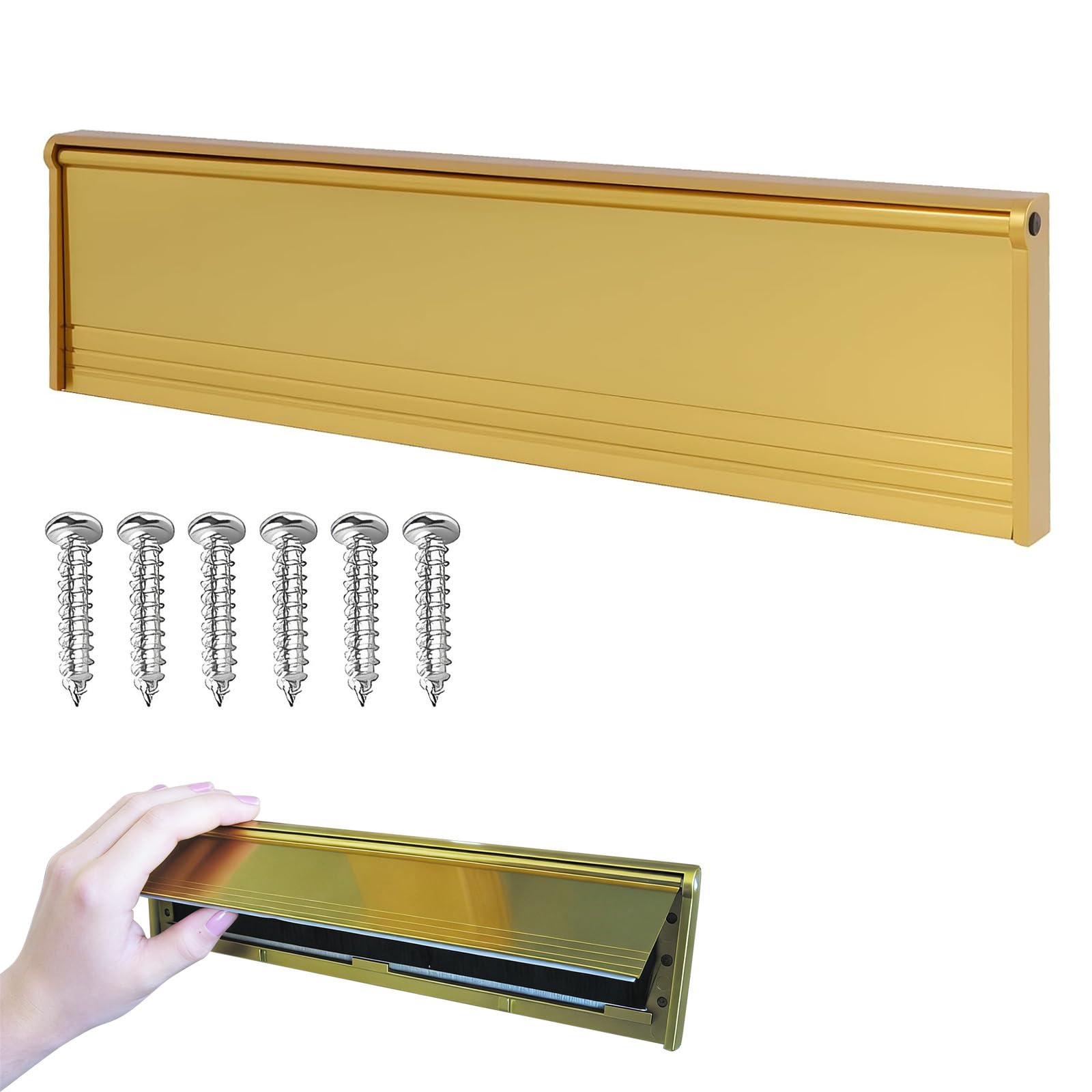 Metal Letter Box Flap, Door Letterbox Flap, 11.4 Inch Internal Letter Box Draught Excluder with Brush & Flap, Weatherproof Easy Installation for Wood UPVC Composite Doors (Gold)