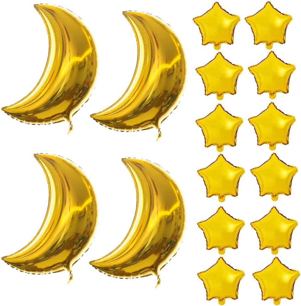4 Pack 36Inch Large Moon Foil Balloons and 12 Pack 10Inch Gold Foil Star Balloons Mylar Balloon for Party Decoration Baby Shower Birthday Party Celebration,16 Pieces