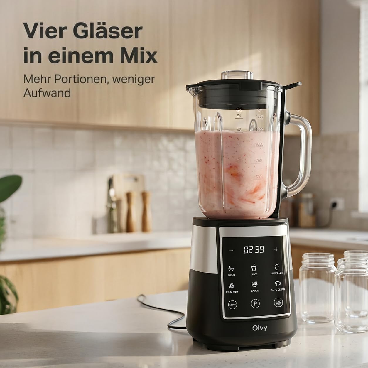 Olvy Standmixer Smoothie Maker 1500ml Glas To-Go LED Timer 6 Klingen-Black