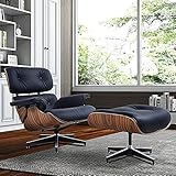 (Upgrade) Aniline Leather Lounge Chair with Ottoman, Mid Century Recliner Replica with 8-Layer Solid Wood and Heavy Duty Aluminum Base for Living Room Study Lounge Office