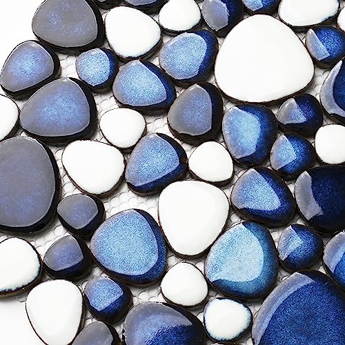 Primoon Pebble Ceramic Tiles 5 Sheets, Heart-Shaped 12x12 Floor Tile Ceramic, Dark Blue Mosaic Tiles Mesh Mounted, Waterproof Porcelain Tile Decorative for Kitchen Bath Backsplash Shower Floor Pool by PRIMOON - Image 6
