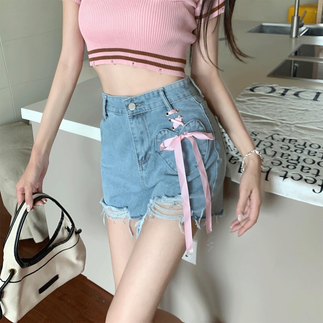 Y2K Kawaii Vintage Gothic Casual High Waisted Wide Leg A-Line Ripped Hem Pink Ribbon Heart Trim Jean Shorts - Image 4