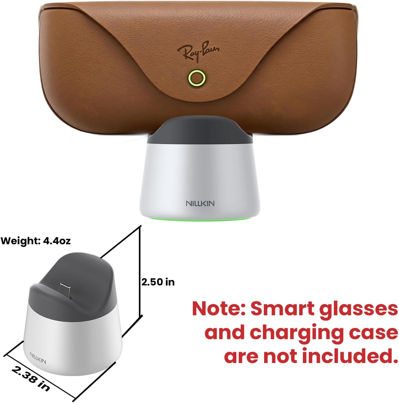 Nillkin RayDock Aluminum Charging Stand for Ray-Ban Meta Smart Glasses Case (Gen 1 & 2), LED Light Charging Dock for Smart Glasses Case Accessories, Stable Anti-Slip, Display for Home & Office, Silver