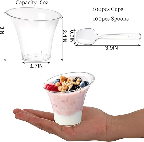 Miniatura 4 de Cedilis Paquete de 100 vasos redondos inclinados de 6 onzas, vasos de postre de plástico transparente con 100 cucharas de plástico, vasos