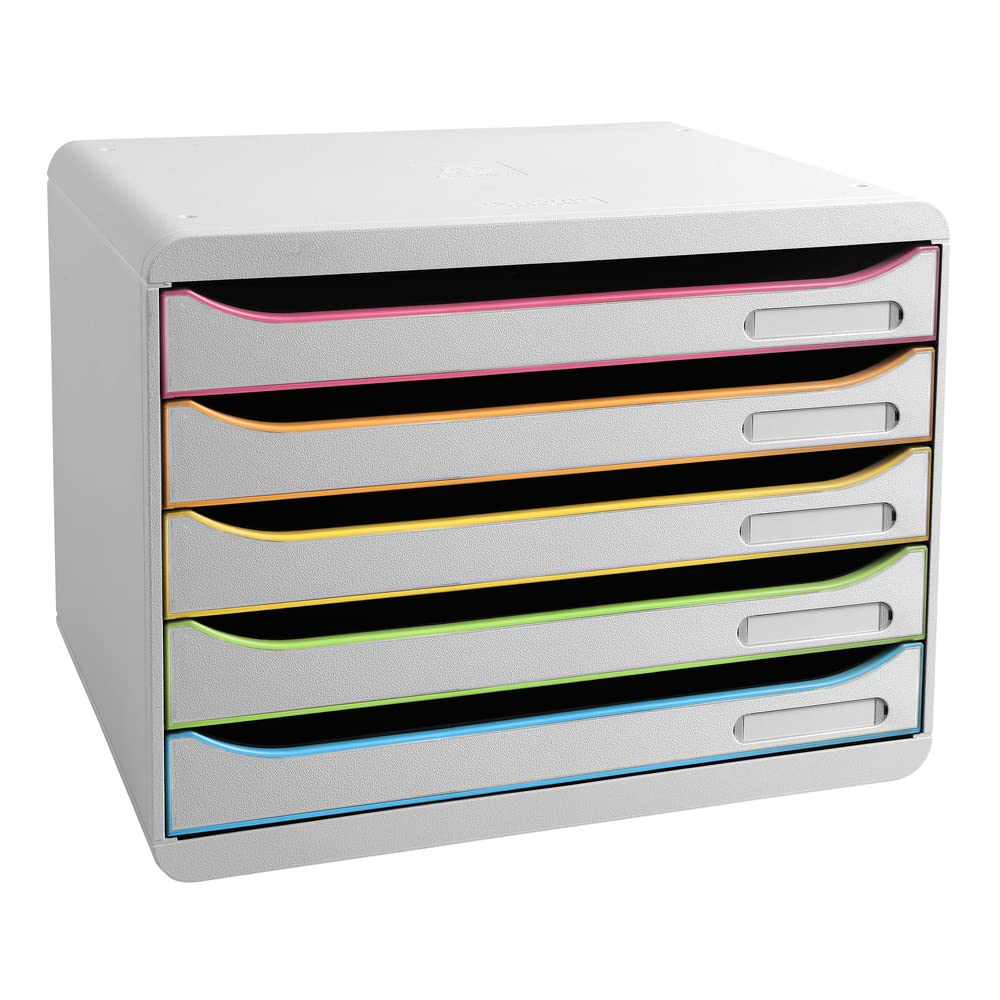 Exacompta 308913D Szafka na dokumenty BIG-BOX PLUS HORIZON, 5 szuflad na dokumenty A4+, wymiary zewnętrzne: 27 x 35,5 x 27,1 cm, 1 sztuka kolor biały/harlekin/biały