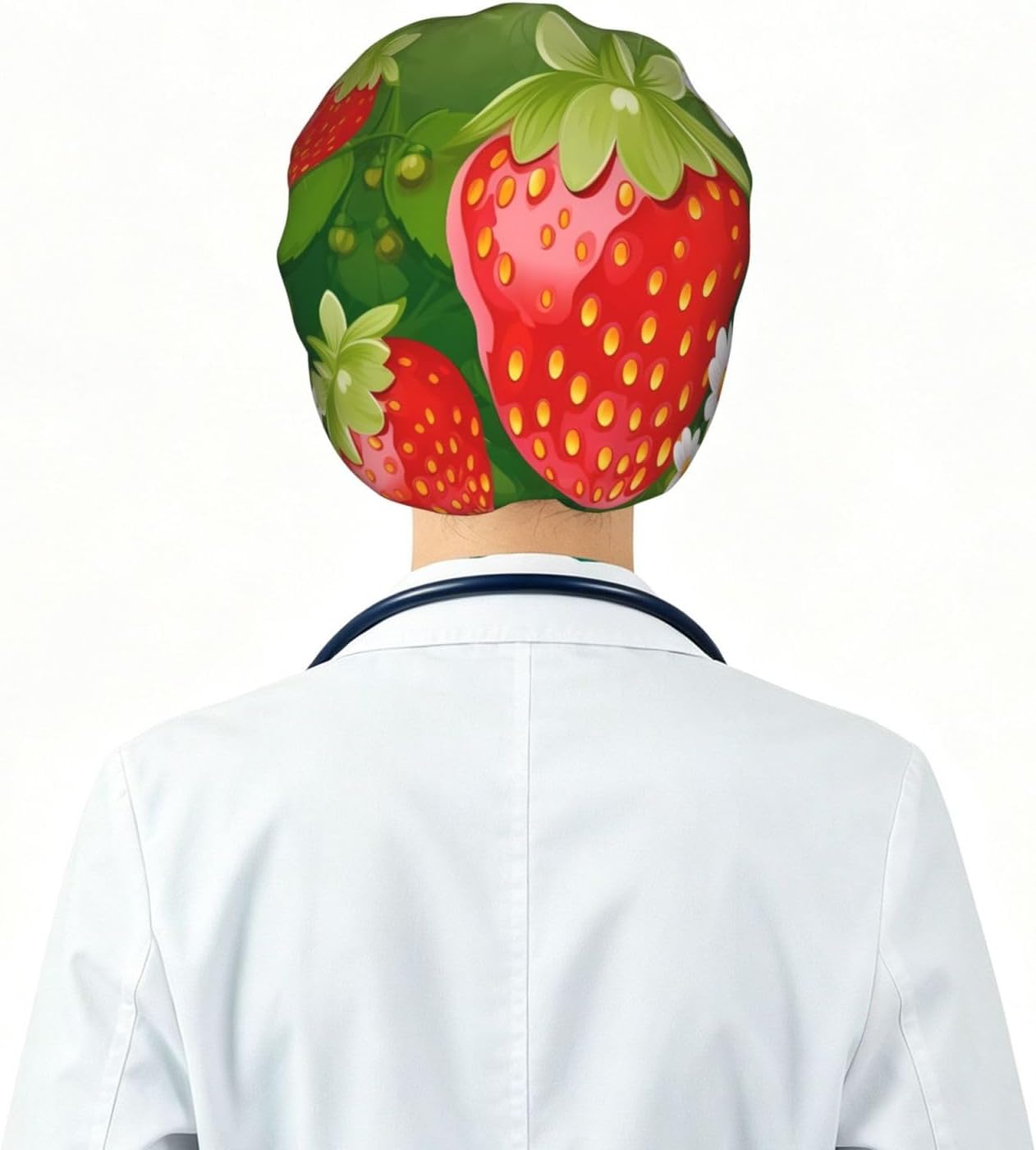 Strawberry and Flower Bouffant Cap with Buttons, Sweatband Cap