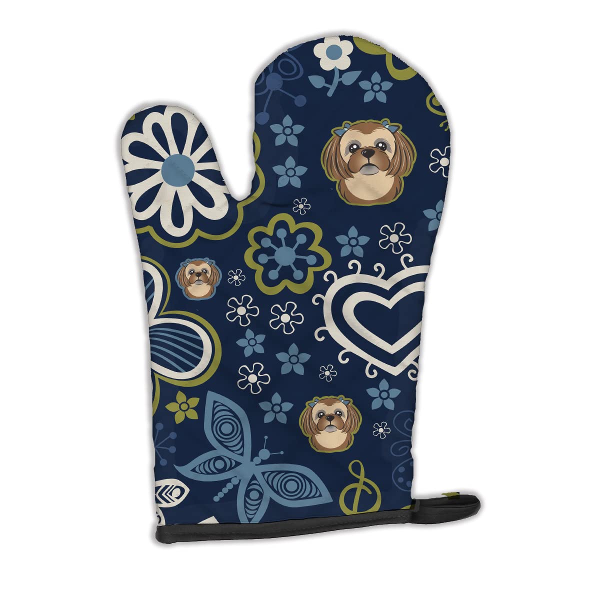 Caroline's Treasures BB5100OVMT Blue Flowers Chocolate Brown Shih Tzu Oven Mitt Heat Resistant Thick Oven Mitt for Hot Pans and Oven, Kitchen Mitt Protect Hands, Cooking Baking Glove