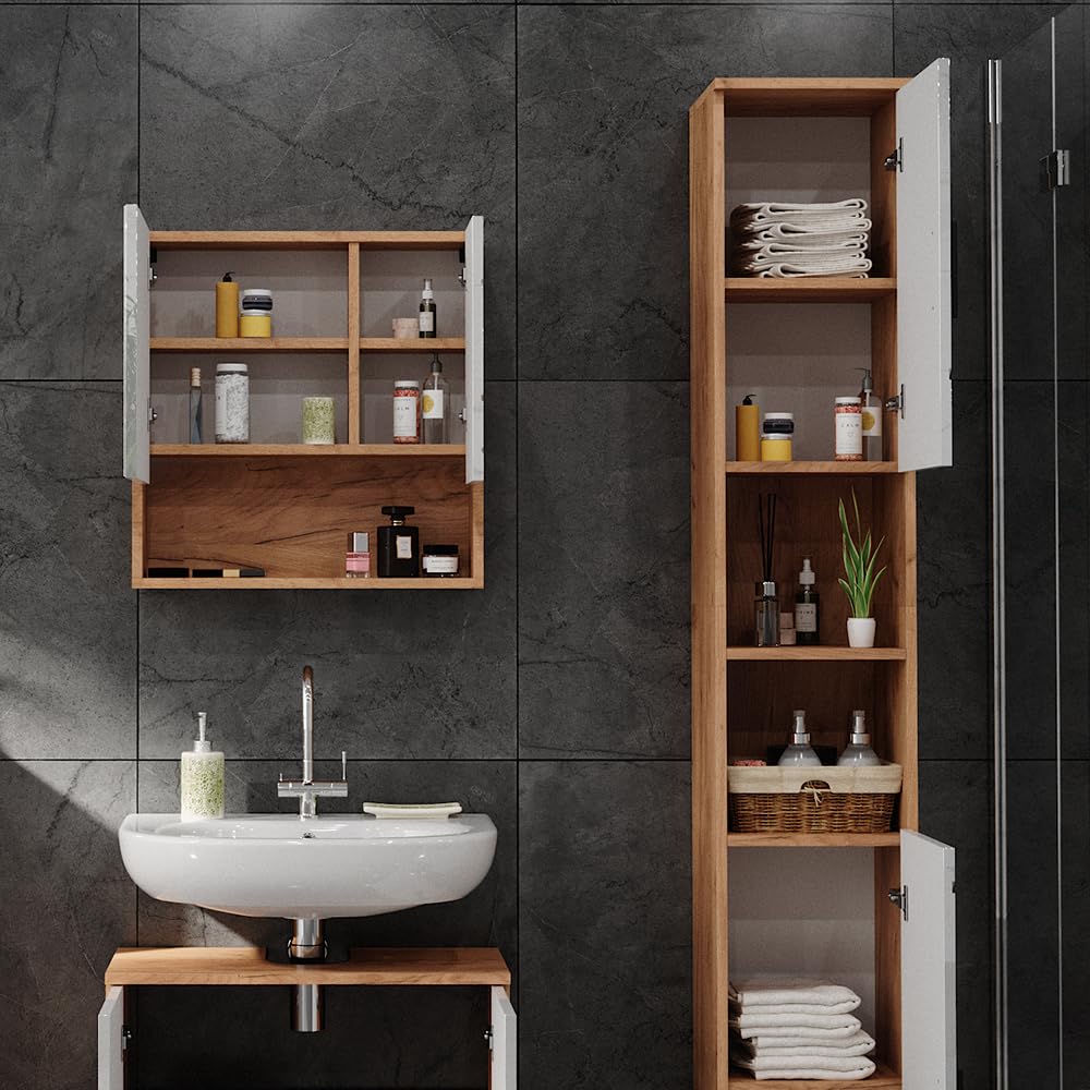 Vicco Badschrank Irma, Weiß Hochglanz/Goldkraft Eiche, 30 x 192 cm mit Türen, und offenen Fächern, zur Aufbewahrung von Badutensilien und kompatibel mit Irma-Serie