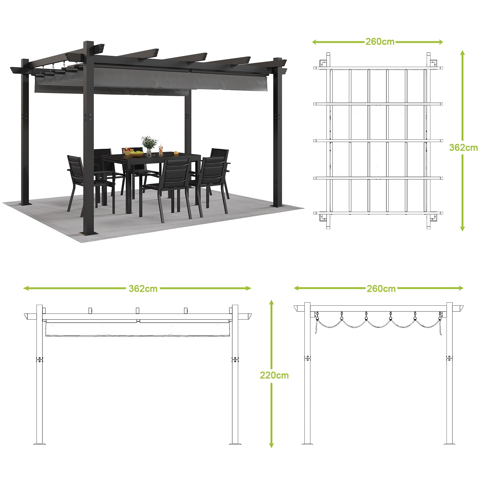 Devoko Aluminium Pergola mit Schiebedach, Verstellbarer Schattenfläche, UV-Schutz 50+, Pavillon 3x4 wasserdicht stabil Winterfest, Grillpavillon Metall für Gärten und Terrassen, Grau.