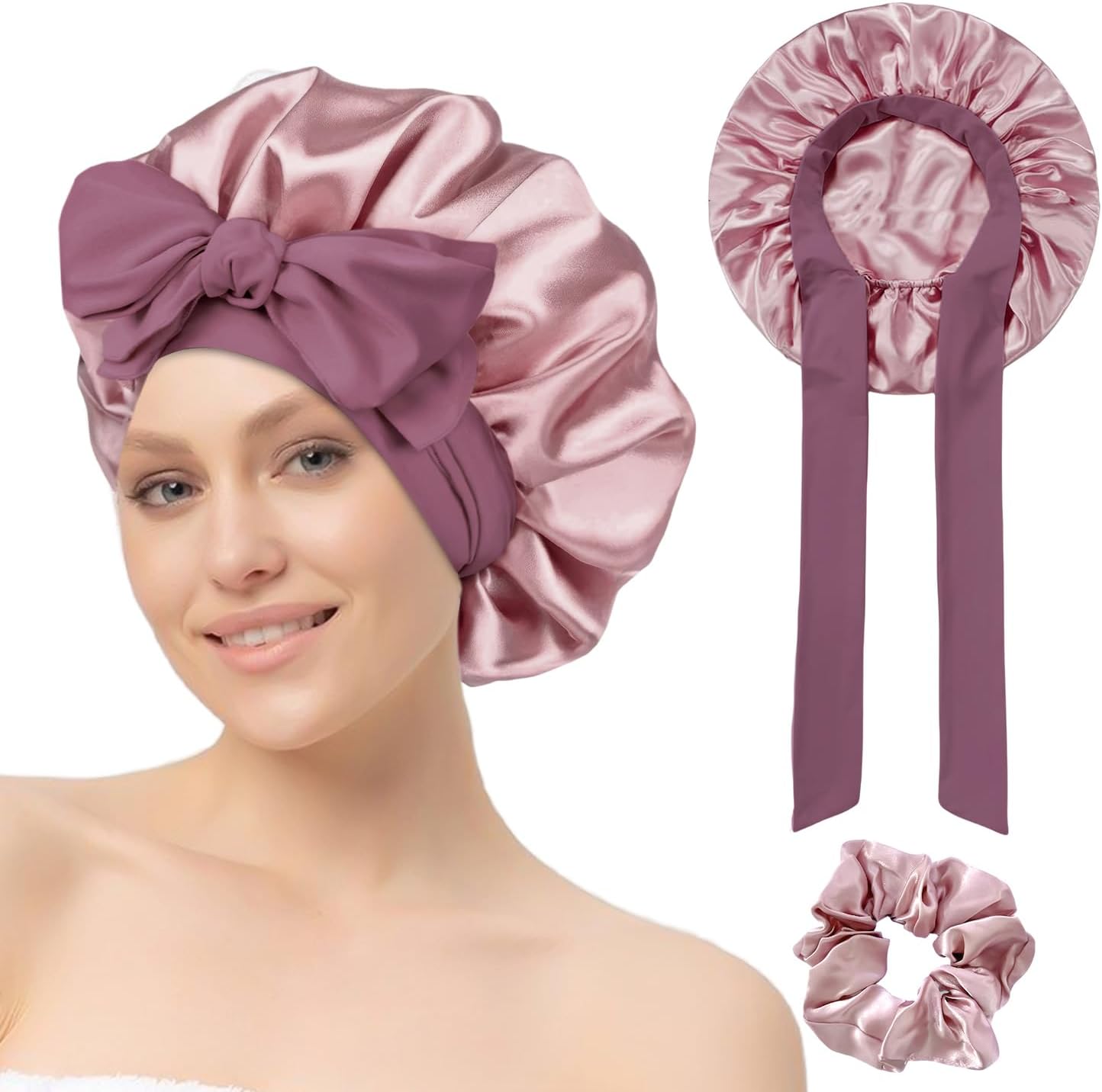 Silk Bonnet for Sleeping, Satin Bonnet Night Sleep Cap with Elastic Band Silk Cap for Hair Sleeping with Scrunchie for Women Girls Long, Straight, Curly Hair (Light Pink)