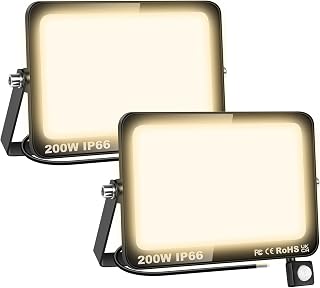 AUXTINGS 2 Stücke 200W LED Strahler mit Bewegungsmelder, 20000LM 4000K warmweiß LED Fluter Außenleuchte, IP66 Wasserdicht Scheinwerfer Licht Wandleuchte für Garten Garage Sportplatz Hinterhof
