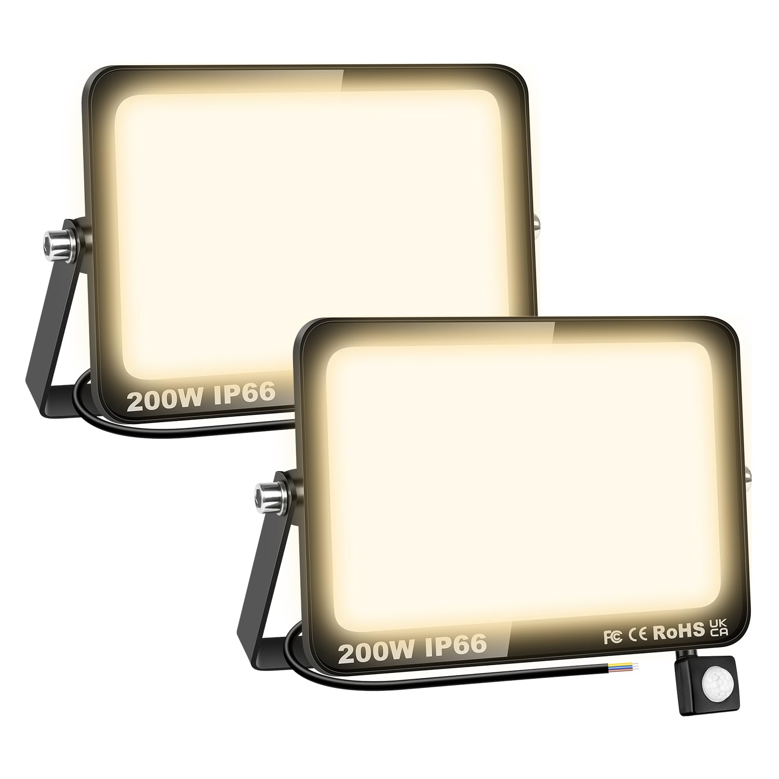 SKYWORLD 2 x Fari Led da Esterno con Sensore di Movimento, 200W 20000LM | Proiettori Faretto Led da Esterno, Luci di Sicurezza Faro per Giardino Garage Patio Terrazza Cortile, 3000K Bianco Caldo