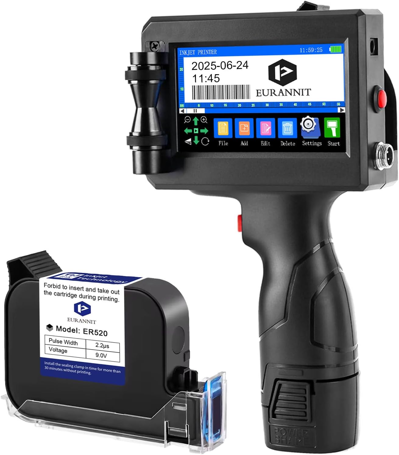 E15 Handheld Inkjet Printer Gun with ER520 Fast-Drying Ink Cartridge (42ml) - 0.5" Height Adjustable for Text, Barcode, QR Code, Date on Cardboard, Metal & Plastic Surfaces