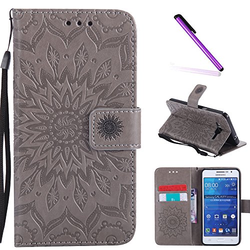 Galaxy Grand Prime Case,G530 Case,Leecoco Fancy Embossed Floral Wallet Case With Card/Cash Slots Pu Leather Flip Stand Case Cover For Samsung Galaxy Grand Prime Lte G530 Mandala Gray #TOP5