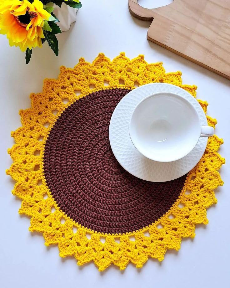 Image of Kavya Craft Present Woollen Handmade Crochet Table Mat /Thal posh (Sunflower, 16inch)