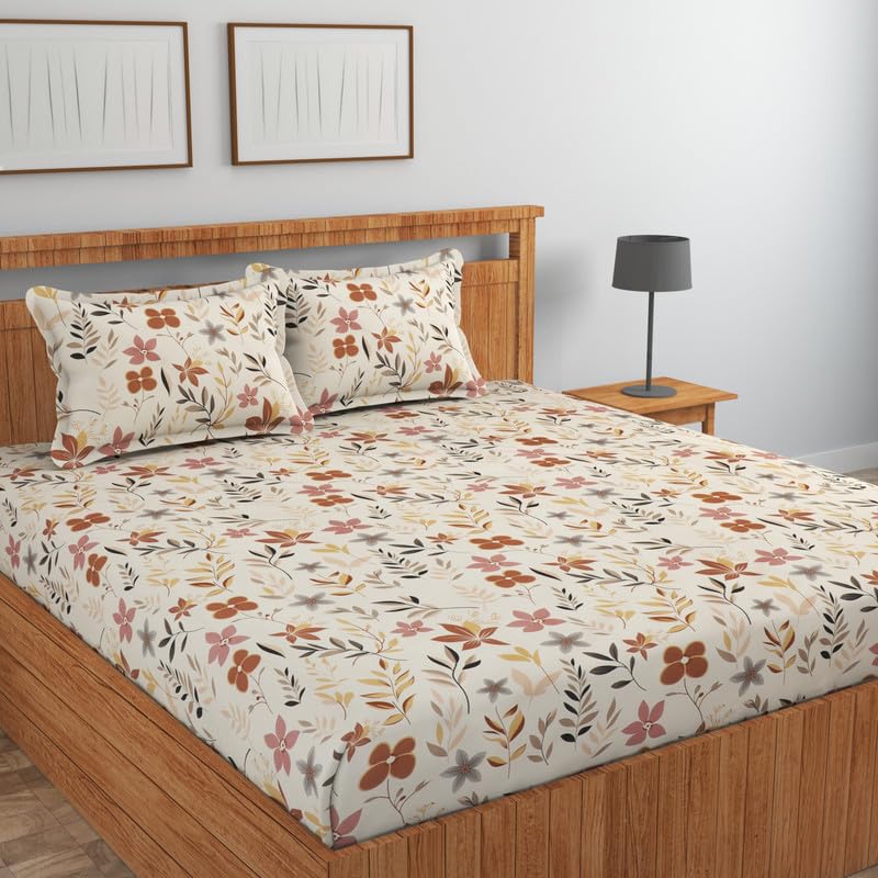 Image of NEW LEAF Cotton Fitted King Bedsheets with 2 Pillow Covers | Elastic Fitted | Wrinklefree | Ultrasoft |Winter Bedsheet 200 to 220 tc Floral | 78x72+8 Inches, Floral Almonds Beige