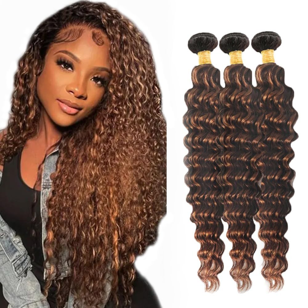 Highlight Deep Wave Human Hair Bundles P430 Brown Bundles 22 24 26 Inch Unprocessed Brazilian Remy Hair Extensions Ombre Chocolate Brown Bundle Double