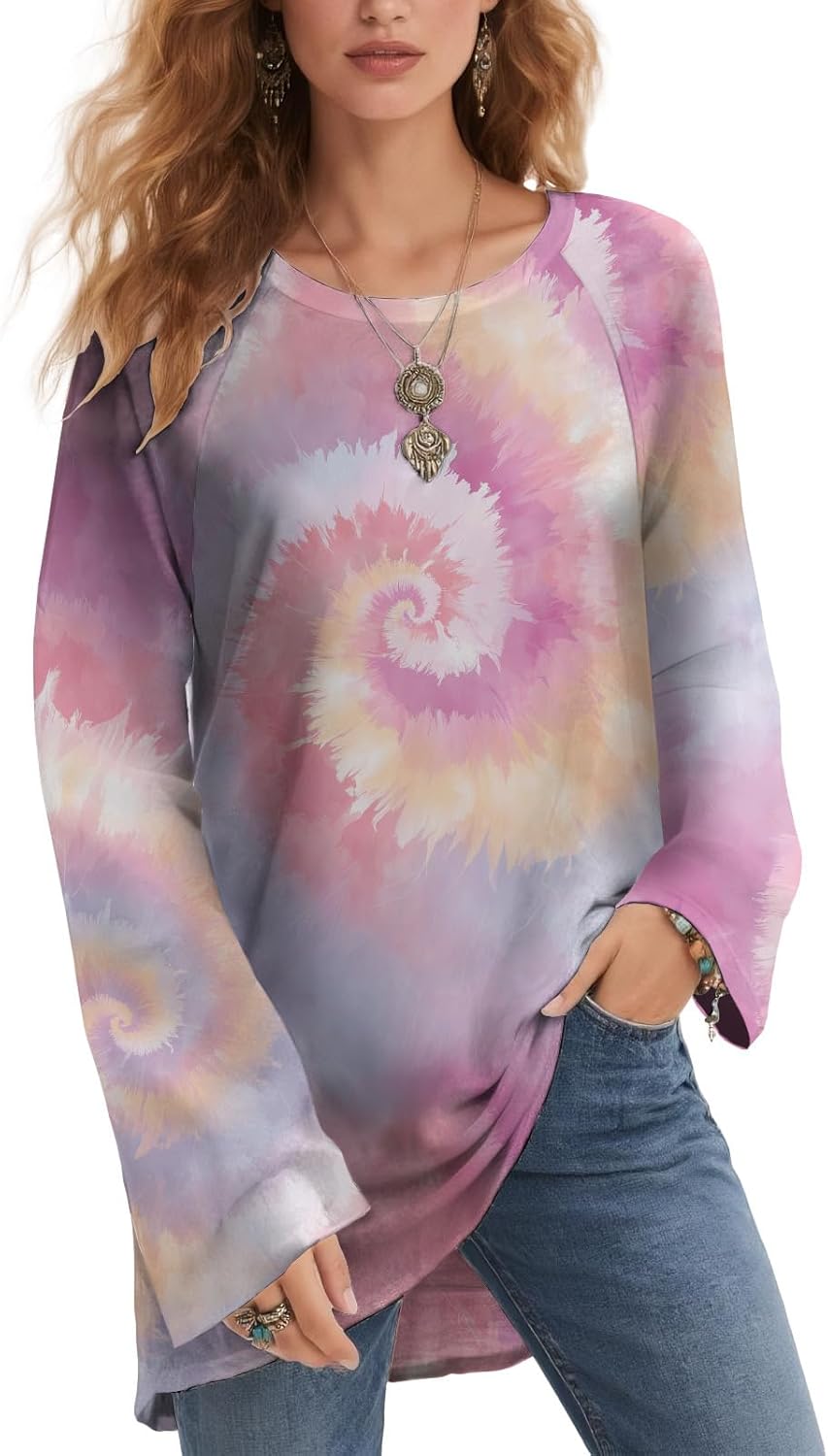 Womens Long Sleeve Tie Dye Shirt Boho Crew Neck Loose Fit Casual Top Lightweight Polyester Blouse for Spring Fall