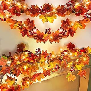 FAMINESS Autumn Decorations Maple Leaf String Light Red Berries Fall Garland Thanksgiving Fairy Lights Garden Lights Outdoor Lights
