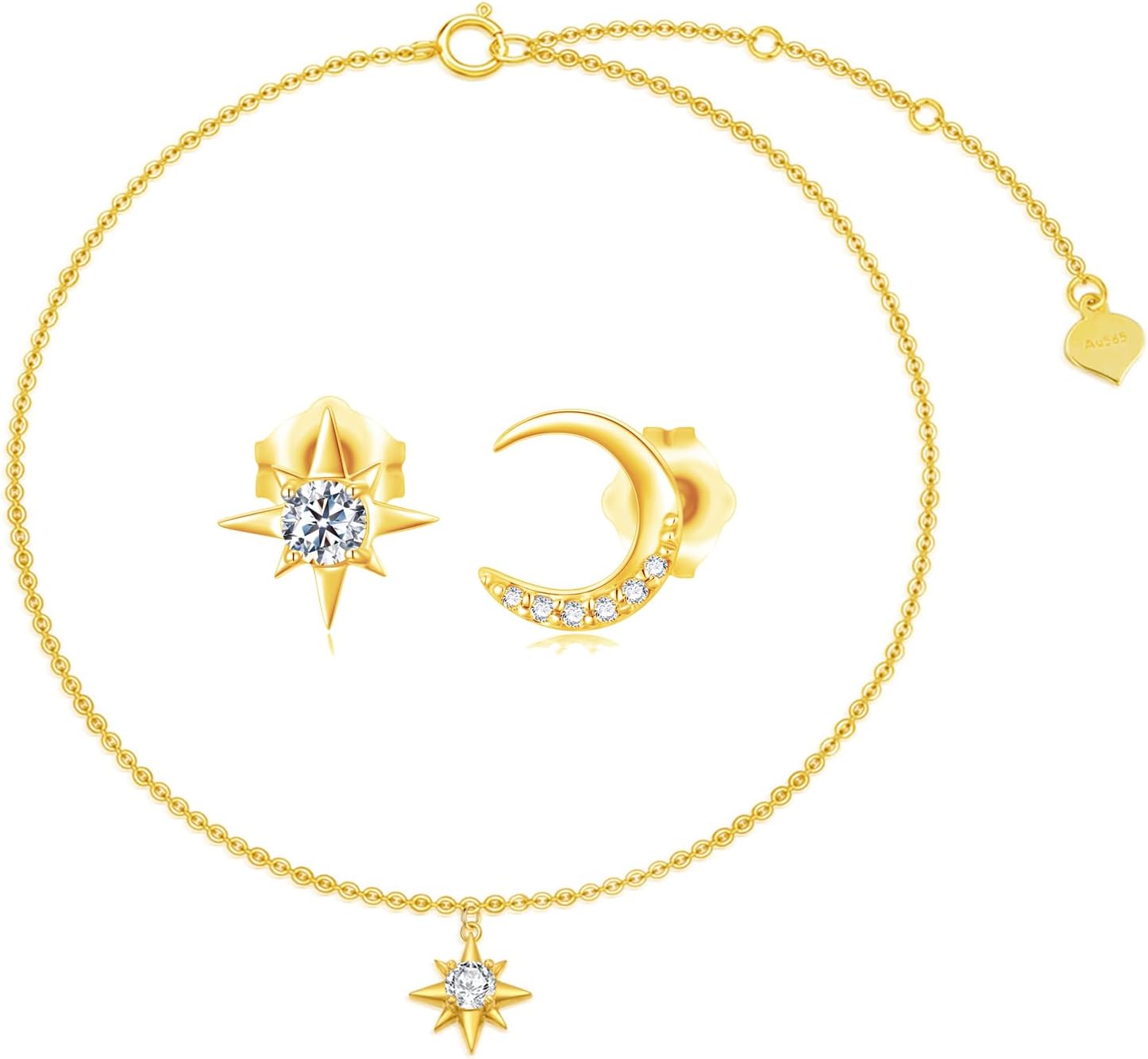 SISGEM 14k Gold North Star Anklet and Moon Stud Earring Set for Women